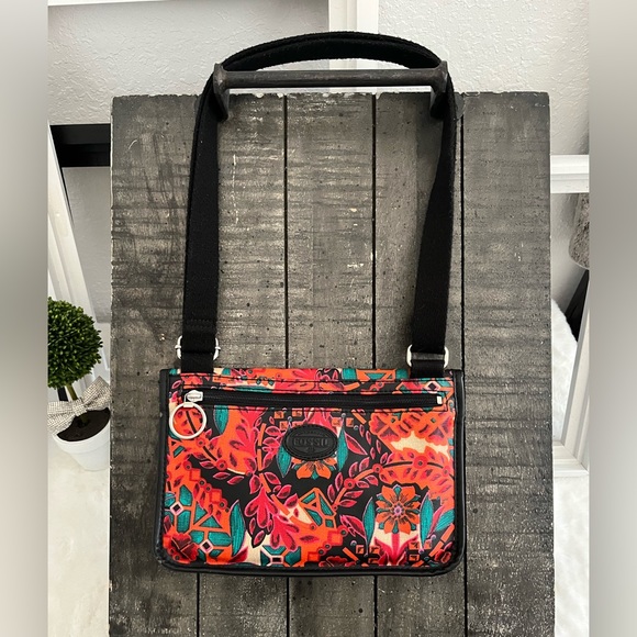 FOSSIL Mosaic Keyper Coated Canvas Floral Crossbody Purse Wristlet Free - Picture 2 of 10